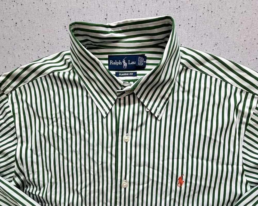 Polo Ralph Lauren LS Shirt Mens Medium M Green White Striped Custom Fit Cotton